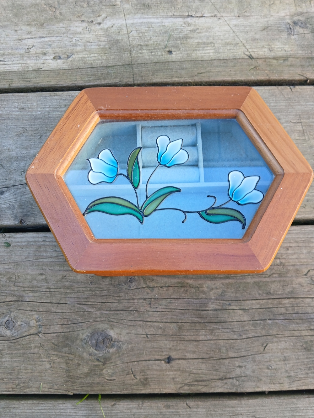Vintage Wood Jewelry Box/ Floral Faux Stained Glass